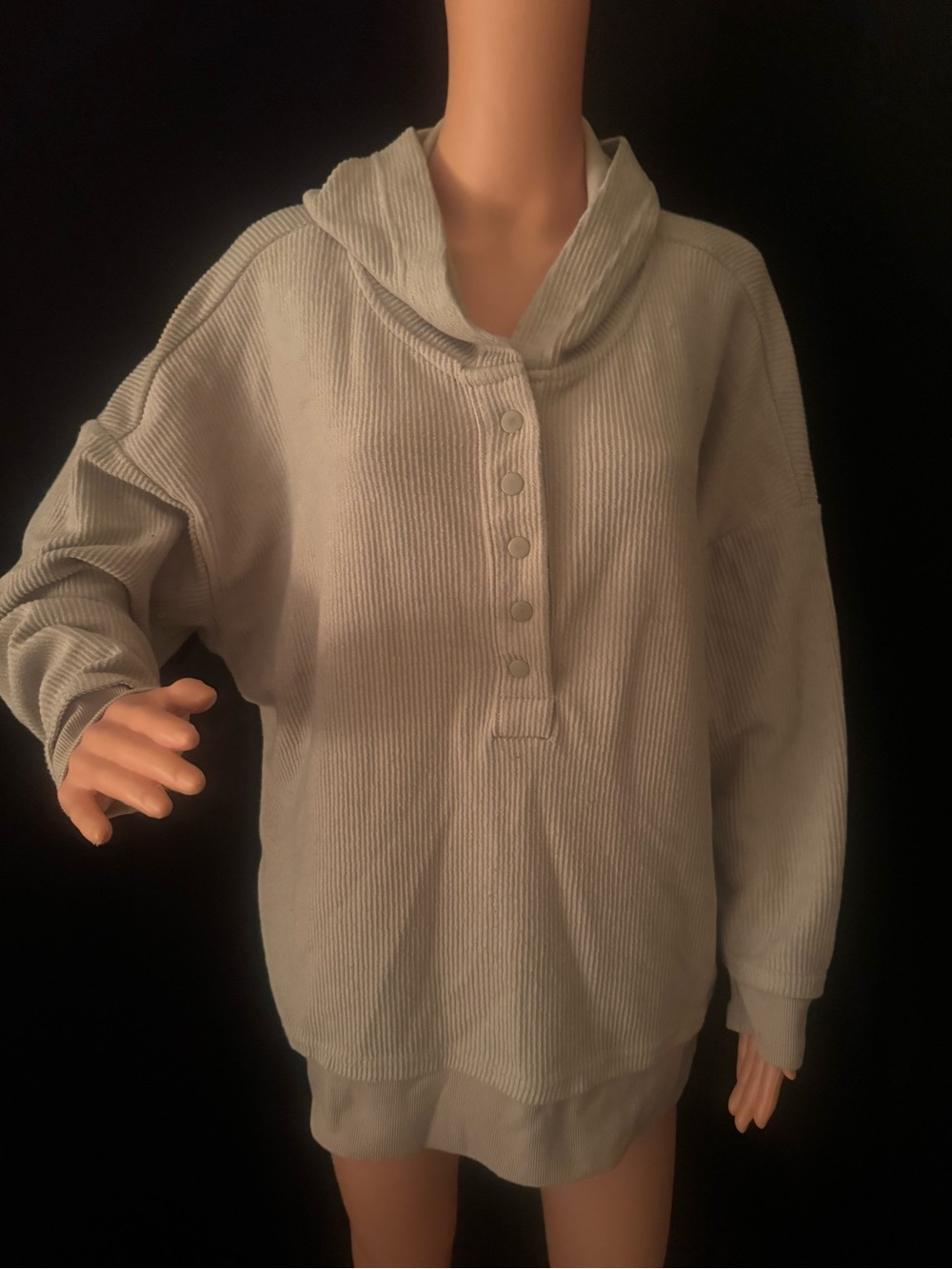 Relaxed Corduroy Henley Hoodie Sweatshirt in Light Gray - Brand Unspecified